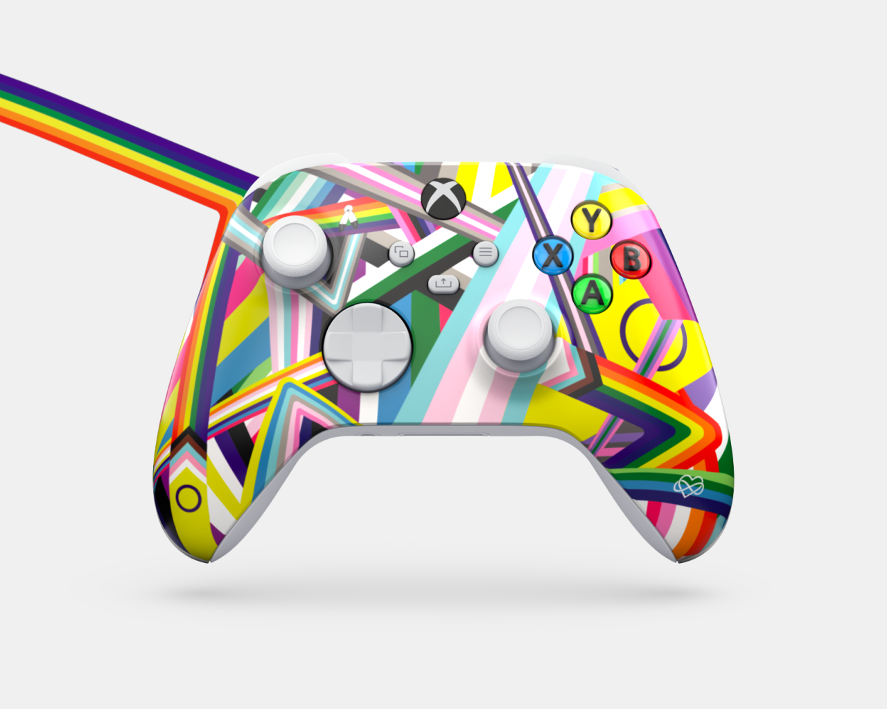 Pride Xbox controller with rainbow flag appearing to side