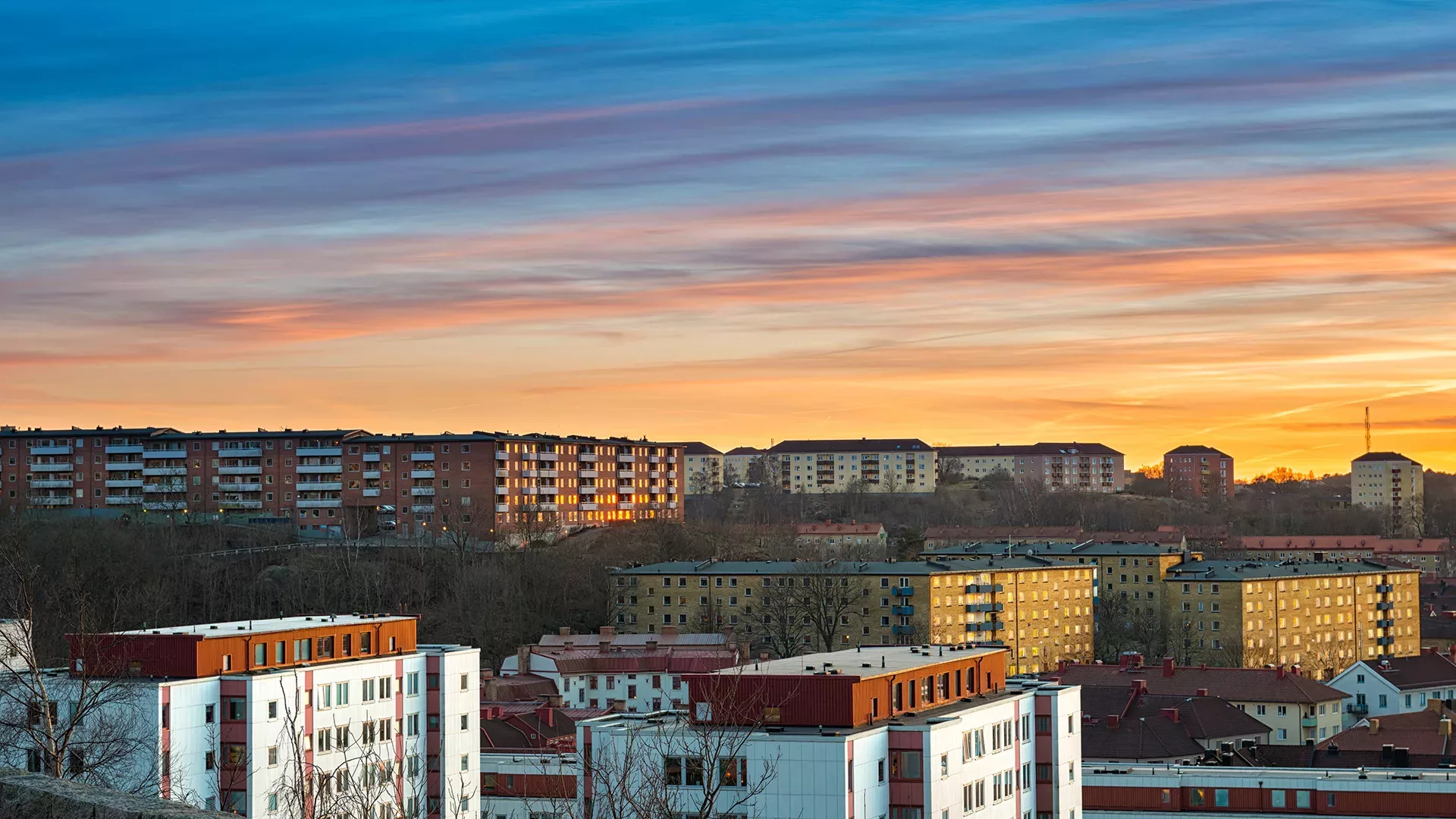 Stockholm housing block at sunset