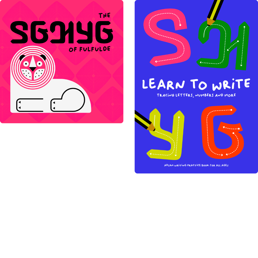 Covers of two ADLaM educational books side by side. The first cover has a pink background with a drawing of an animal and ADLaM letters written in black text. The second cover has a blue background and a title that reads “Learn to Write. Tracing letters, numbers, and more” in English with four colored ADLaM letters surrounding it.