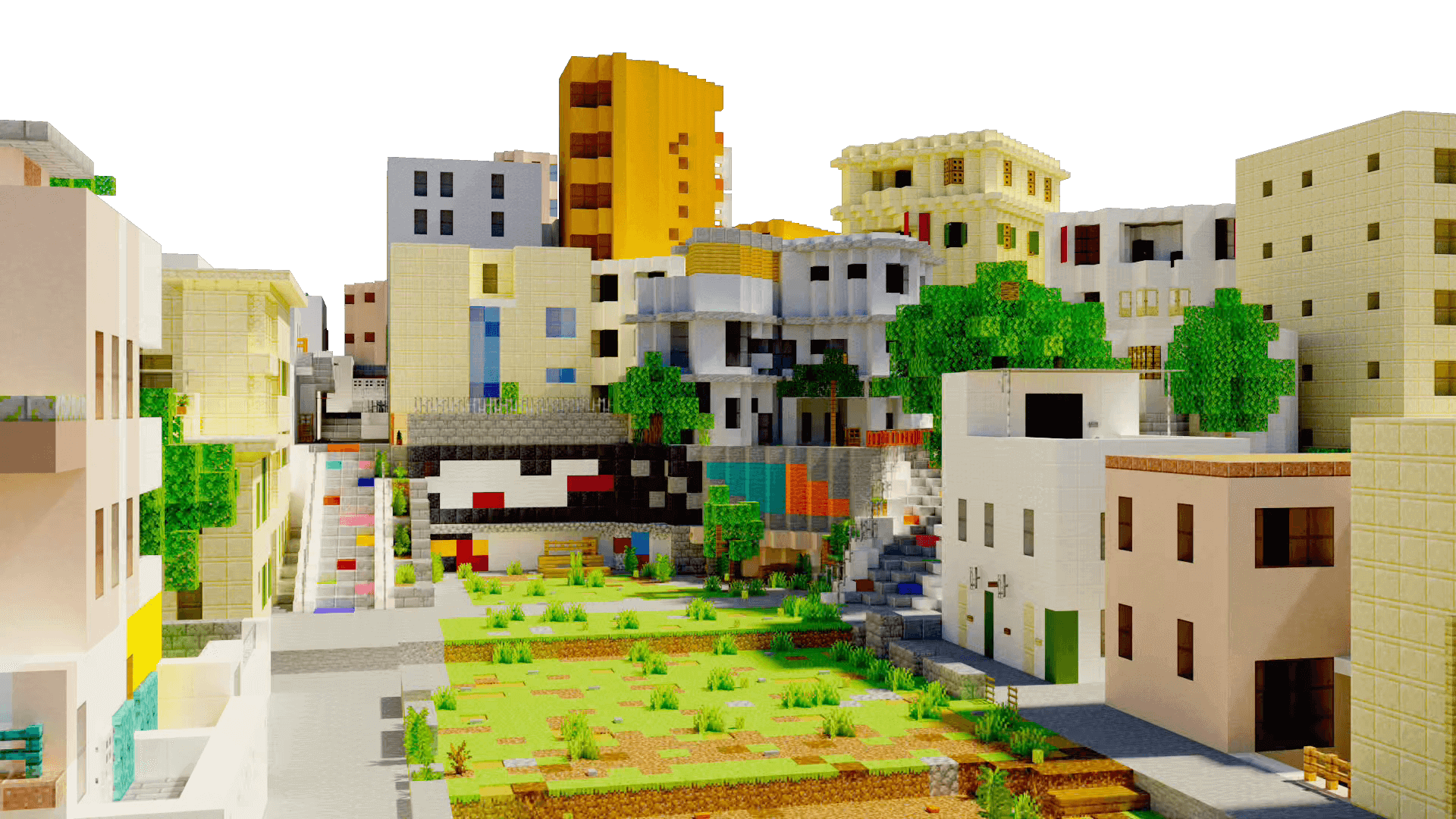 A minecraft city with lots of buildings and trees.