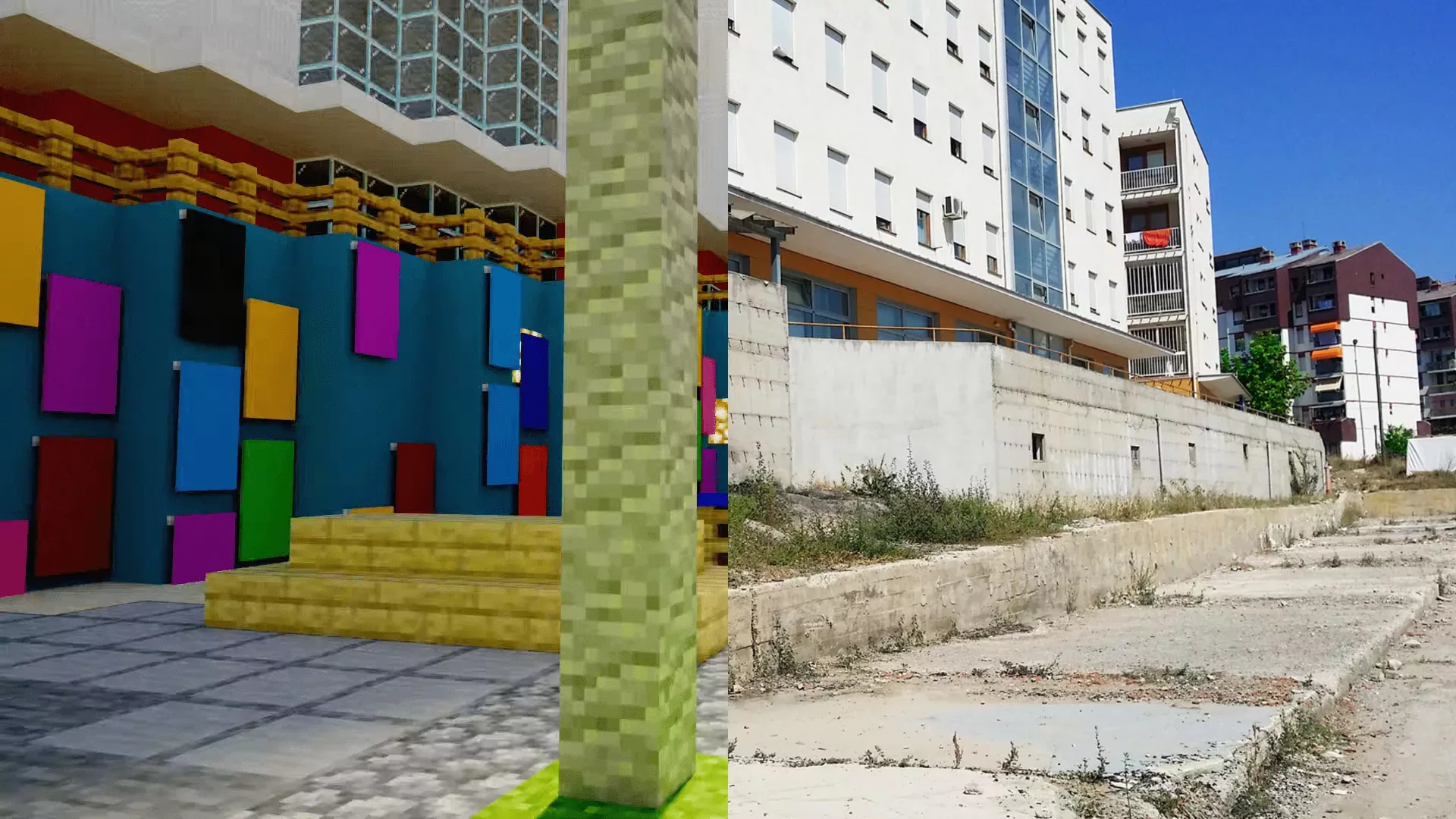 Two pictures of a minecraft building and a street.