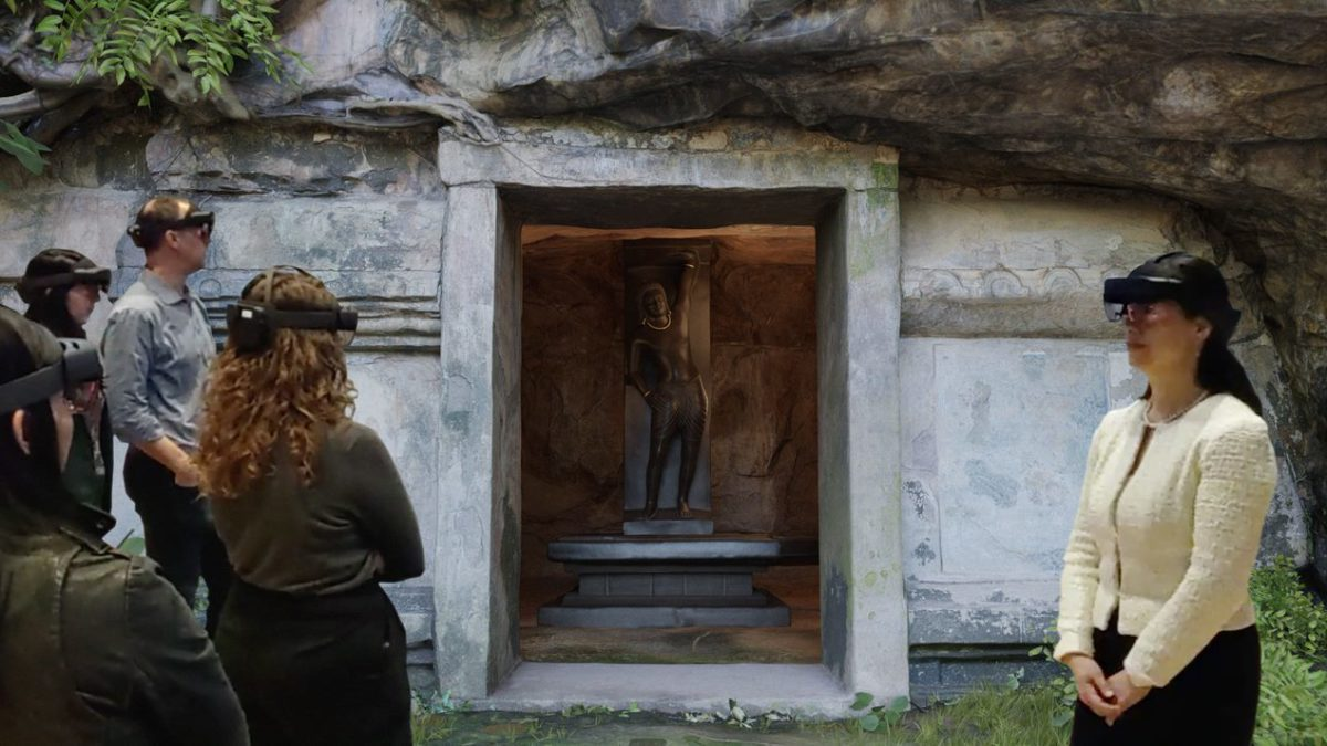 Visitors wearing HoloLens explore a recreation of the sacred temple