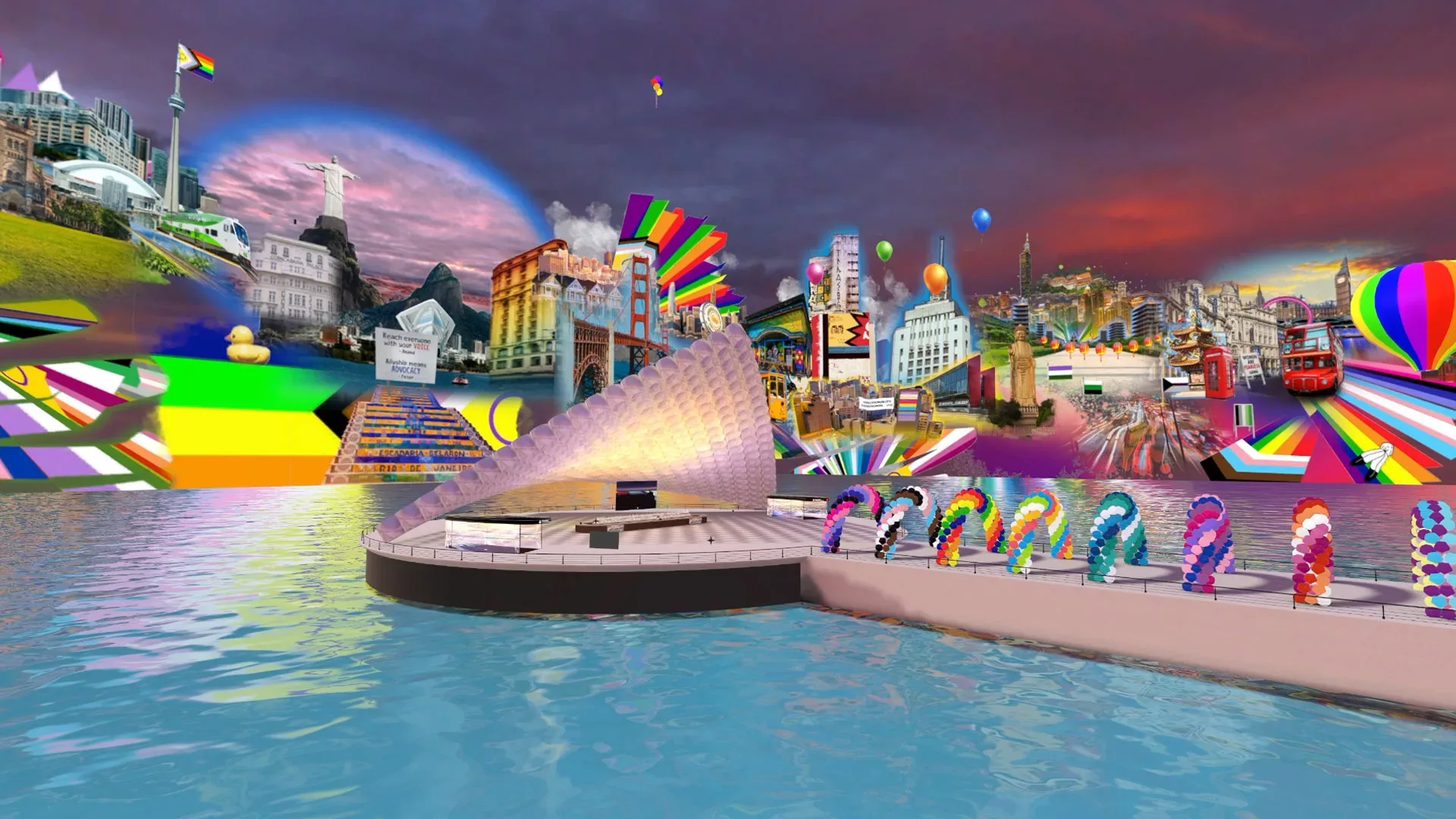 metaverse stage surrounded by water with city collage scenes and Pride flags behind