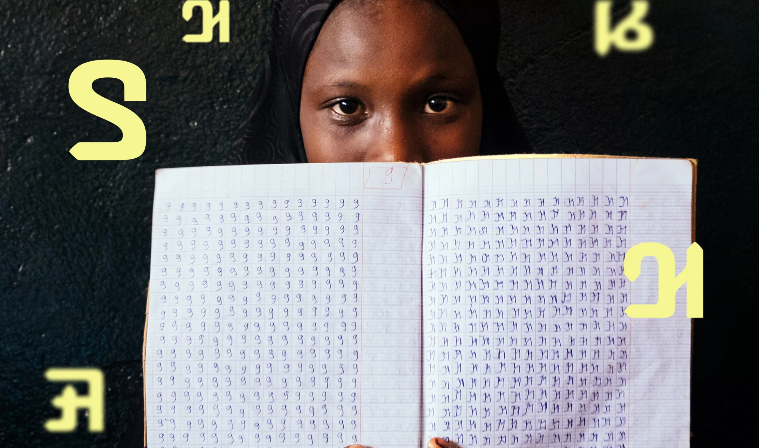ADLaM alphabet around girl holding book