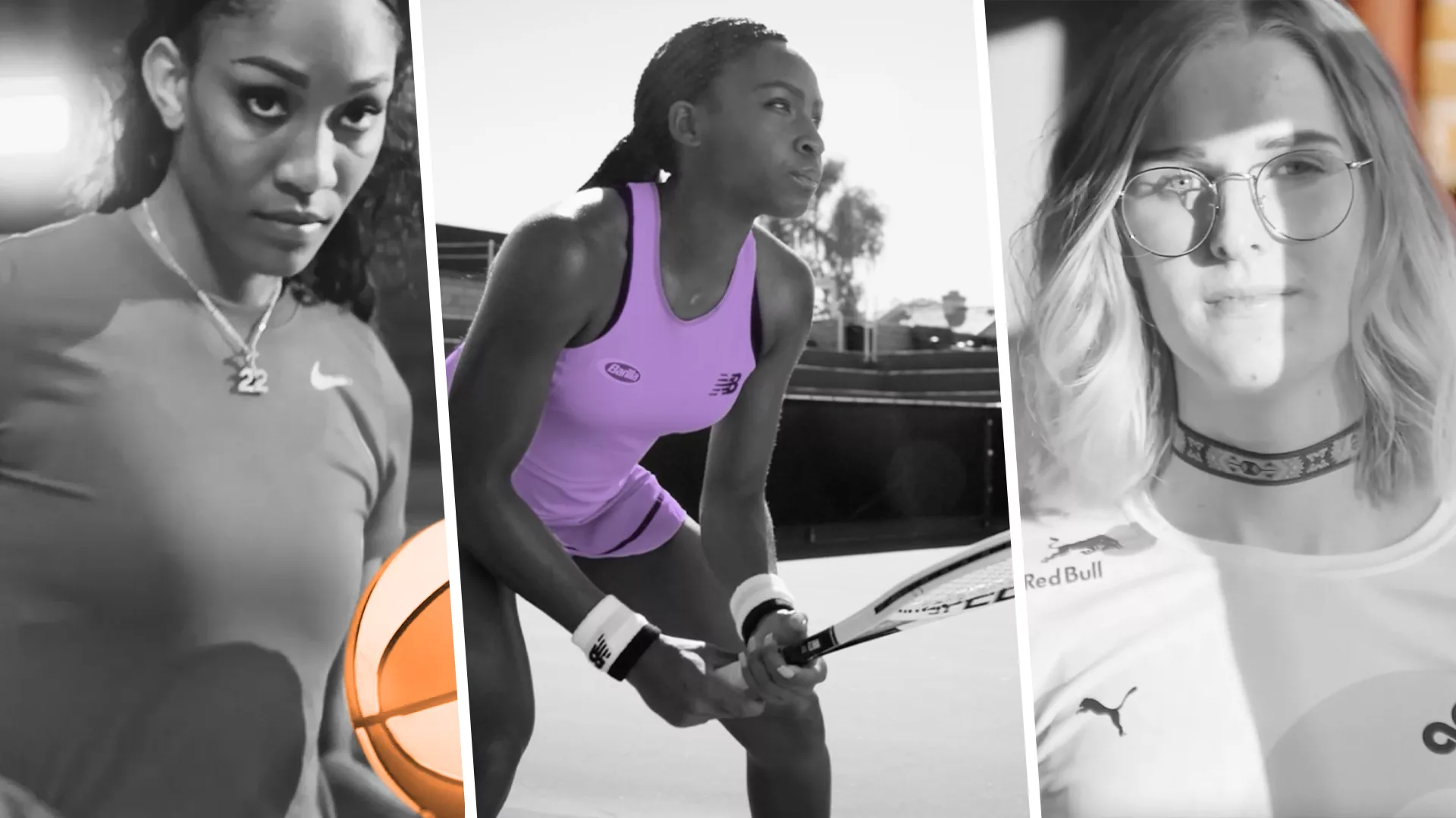 A photo collage featuring portrait photos of 5 game-changing women in sports: tennis player Coco Gauff, Could9's Halee Mason, tennis legend Billie Jean King, snowboarder Kiana Clay, and Special Olympics athlete Loretta Claiborne