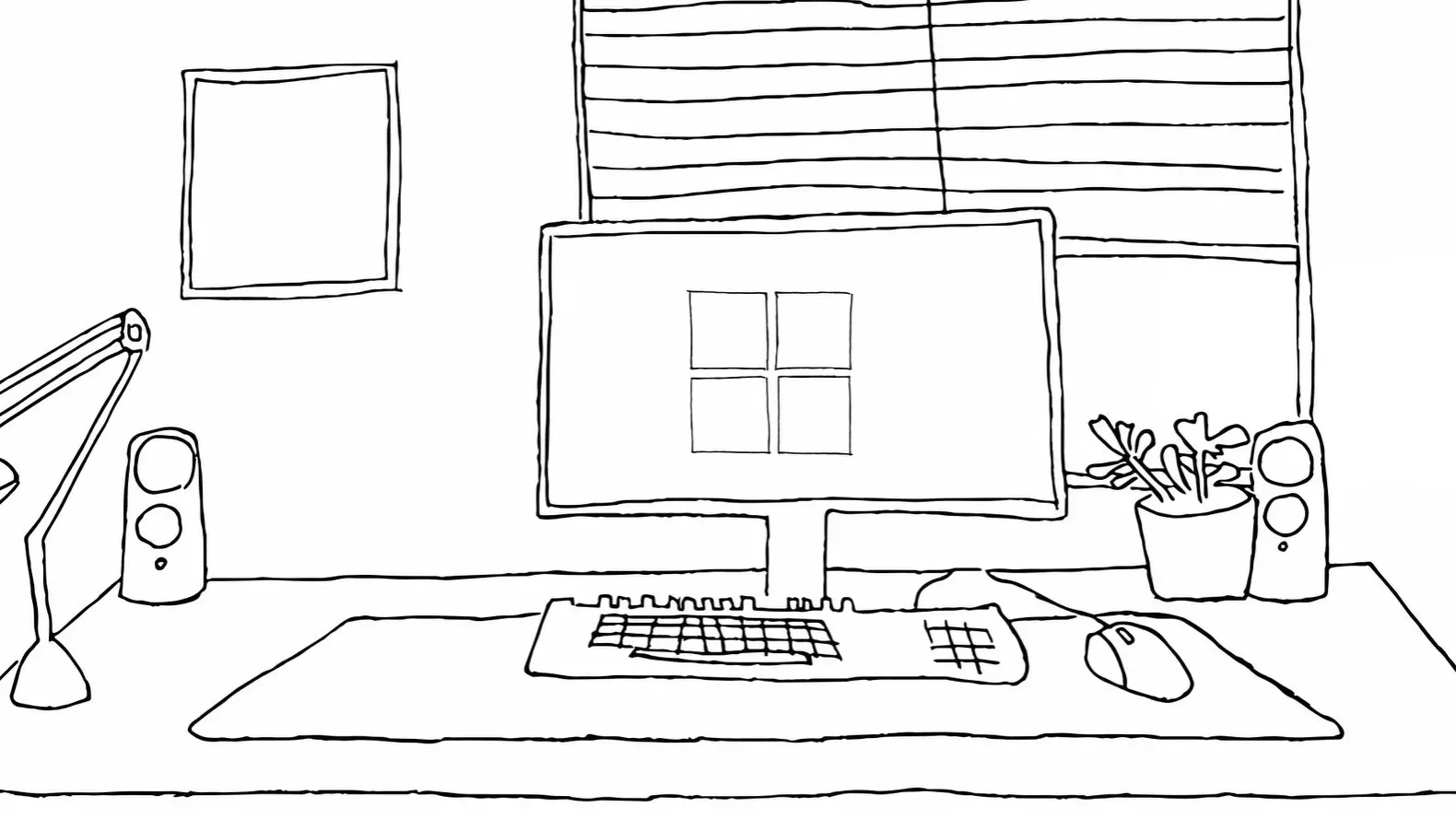 A black and white drawing of a computer desk.