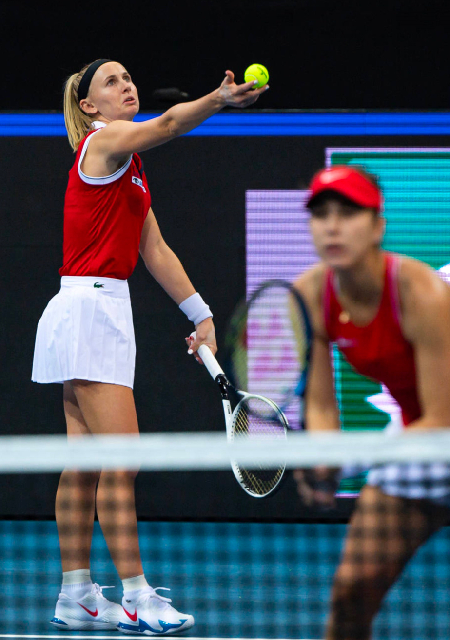 A collage image made from three separate photographs of tennis players. The far left is a doubles team and the center and right images are single tennis players. All are represented mid-game on the court.