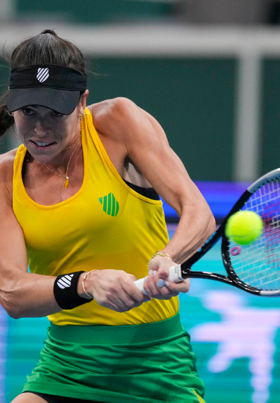 A collage image made from three separate photographs of tennis players. The far left is a doubles team and the center and right images are single tennis players. All are represented mid-game on the court.