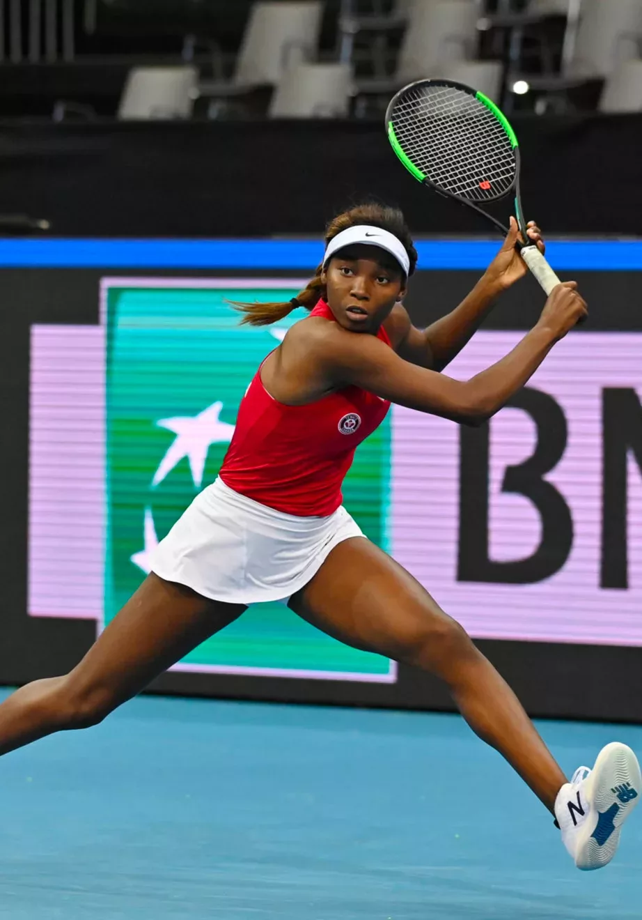 A collage image made from three separate photographs of tennis players. The far left is a doubles team and the center and right images are single tennis players. All are represented mid-game on the court.