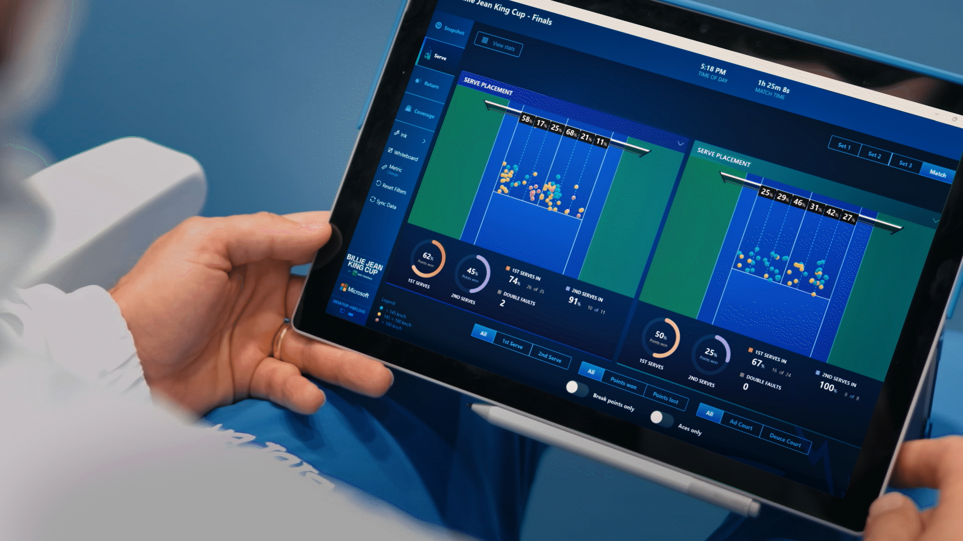 A close-up view of a Surface computer presented as an animated GIF. A person’s finger interacts with the screen which depicts tennis statistics.