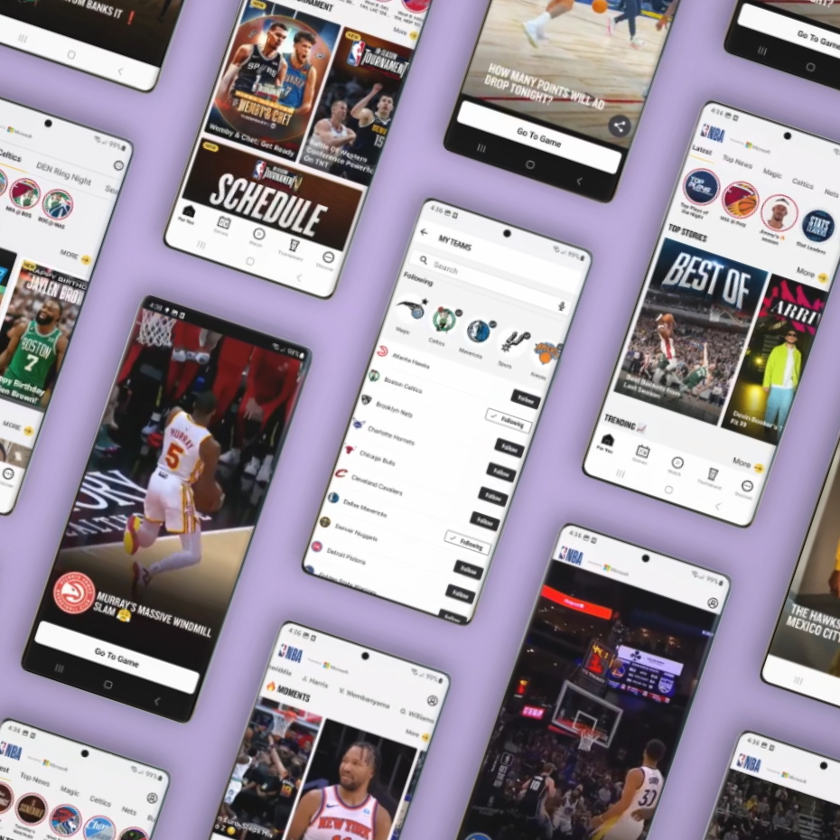 Multiple smartphones displaying various basketball-related content including player stats, game highlights, and team schedules.