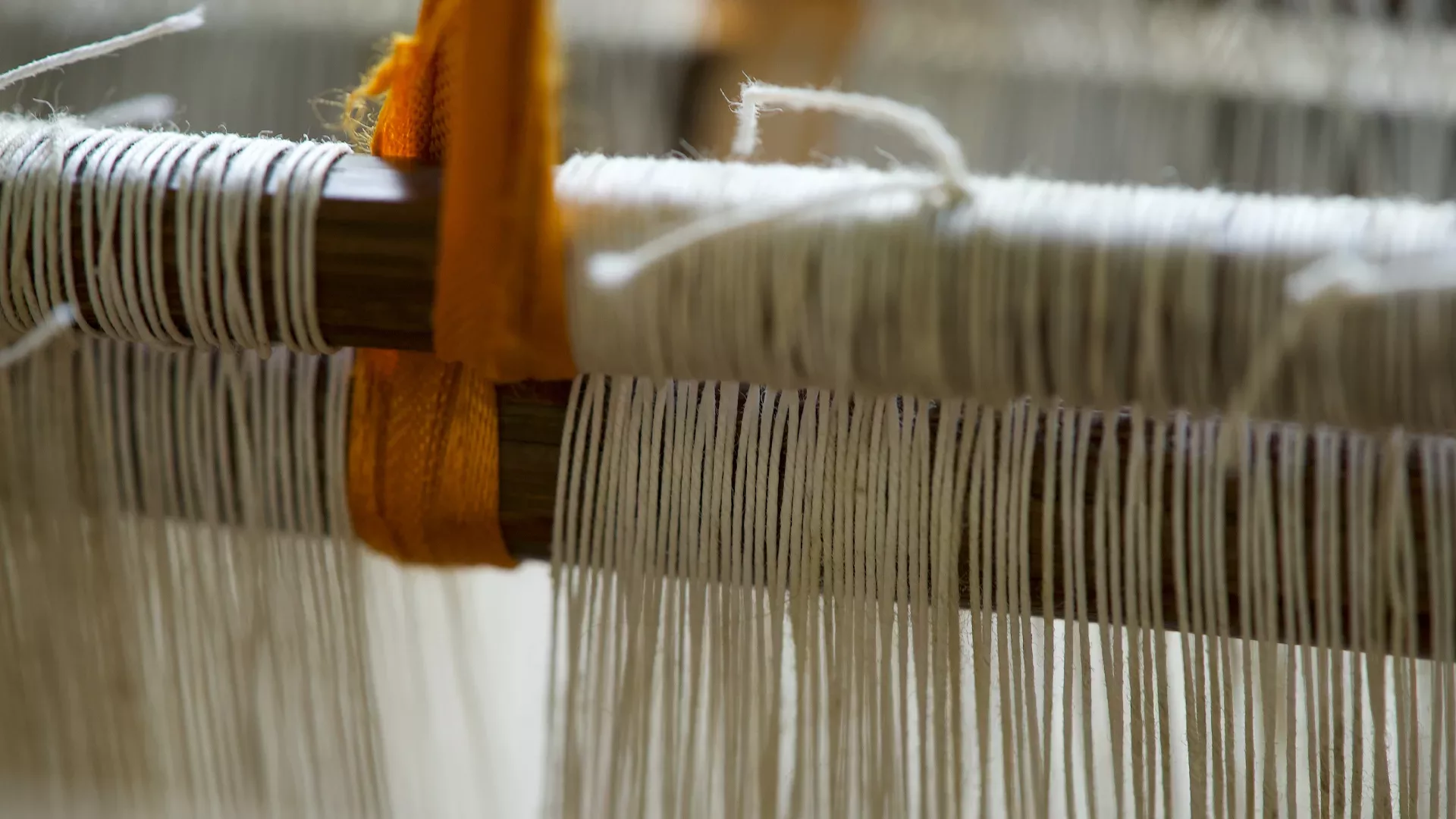 A close up of a loom with white threads.