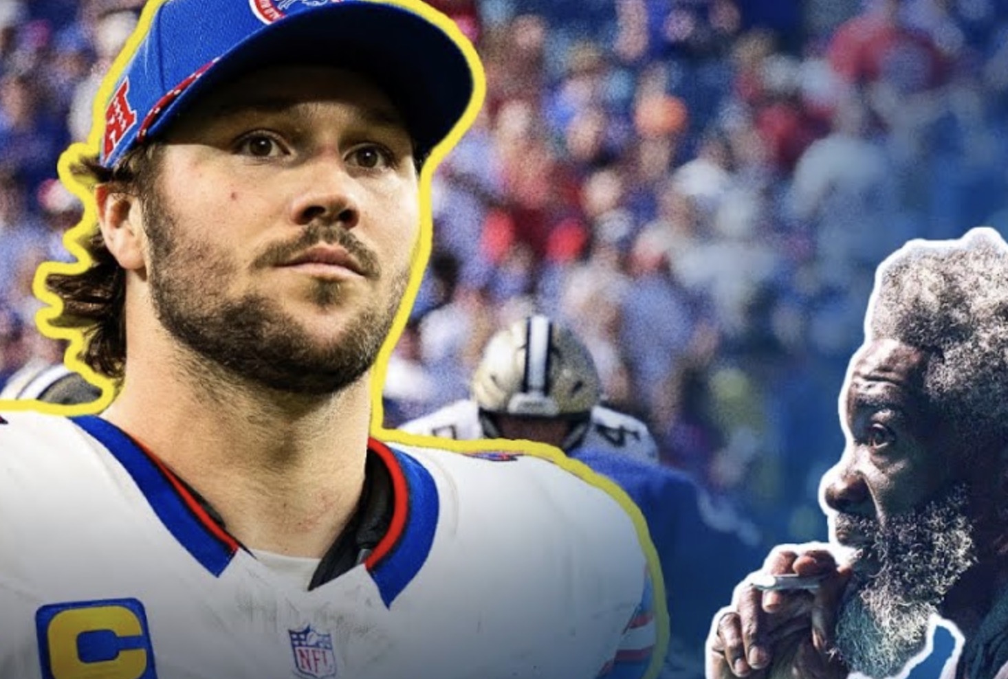 A football player in a white and blue uniform and cap stands in the foreground, looking ahead. In the background, an older man with gray hair and beard appears thoughtful, with blurred people and a stadium behind them.