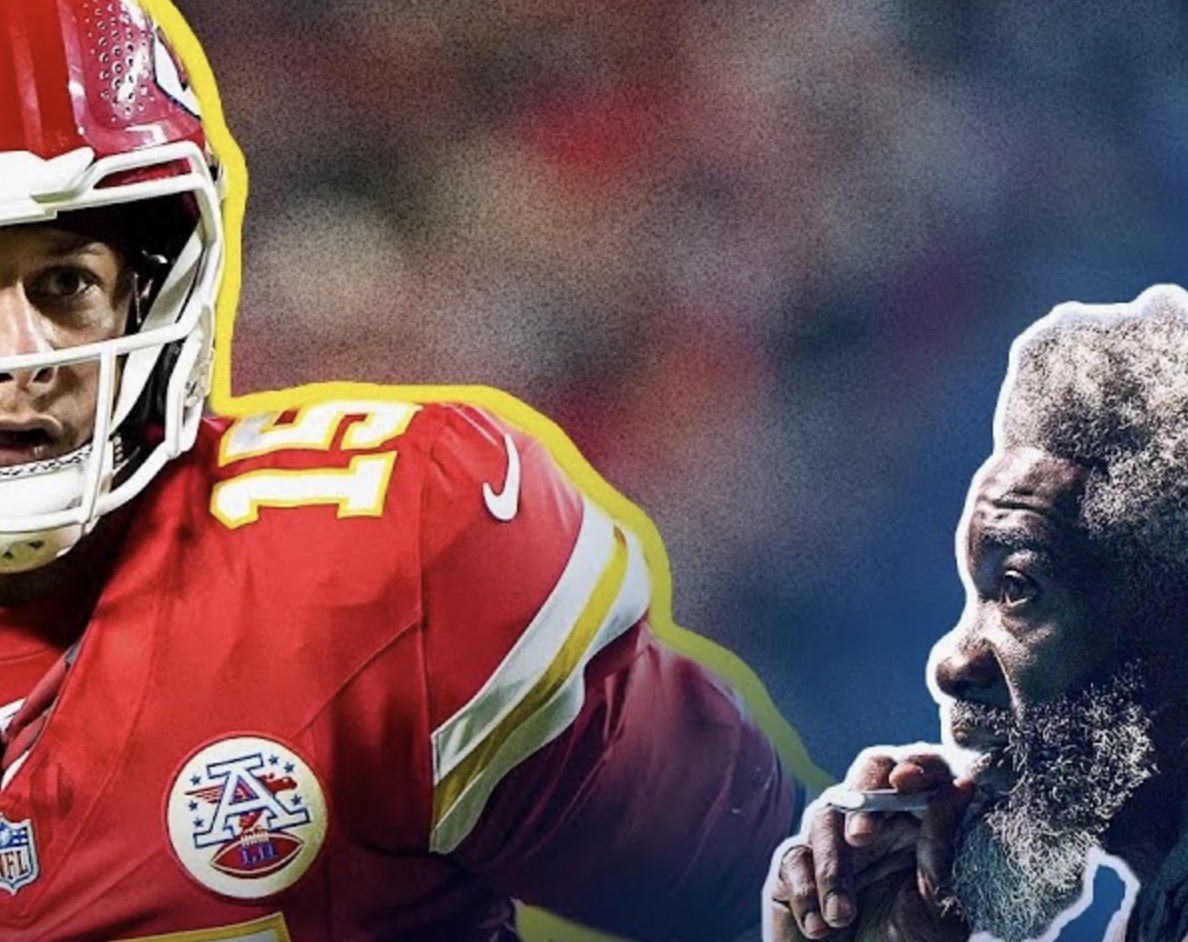 A football player in a red Kansas City Chiefs uniform and helmet is on the left, while an older man with gray hair and beard looks thoughtfully to the right. The image has a blue and yellow border separating them.