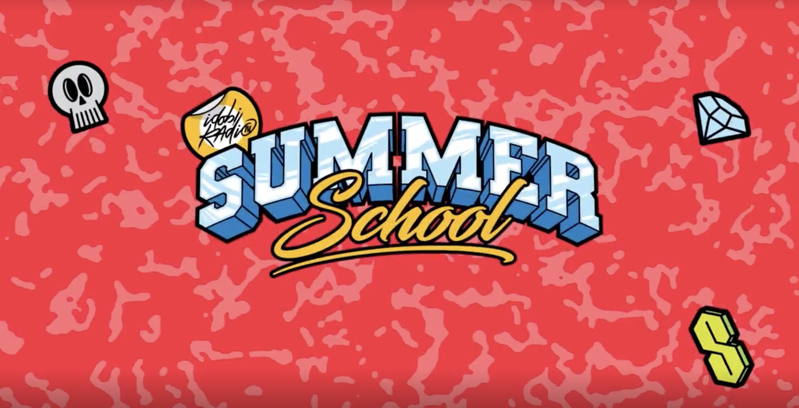 Bold "Summer School" text on a red, textured background with a skull, diamond, and letter "S" icons surrounding it.