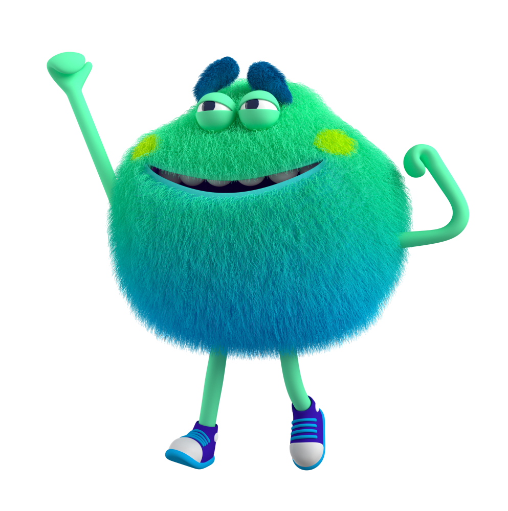 Blue and Green Feelings Monster with their right hand in the air feels ambitious and determined to succeed