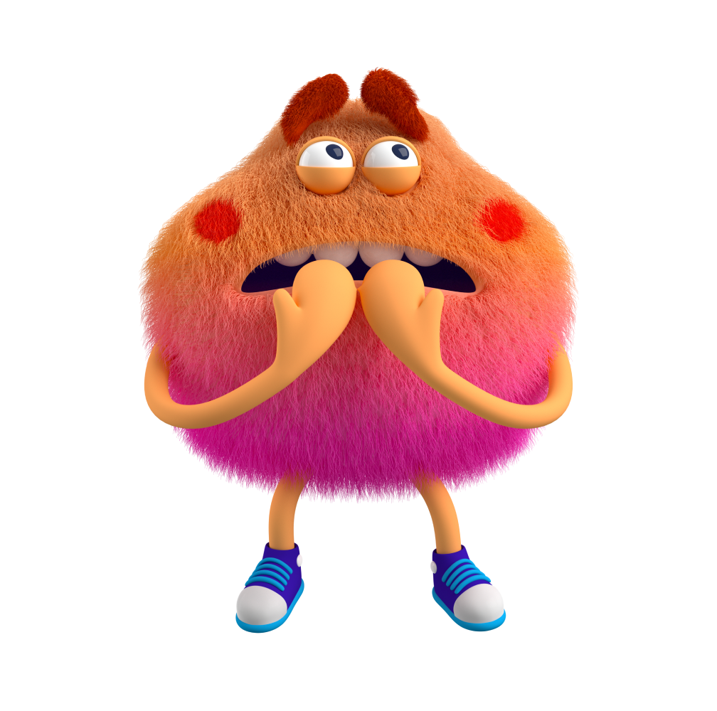 Purple and Orange Feelings Monster with hands raised towards their mouth feels nervous, apprehensive or on the edge