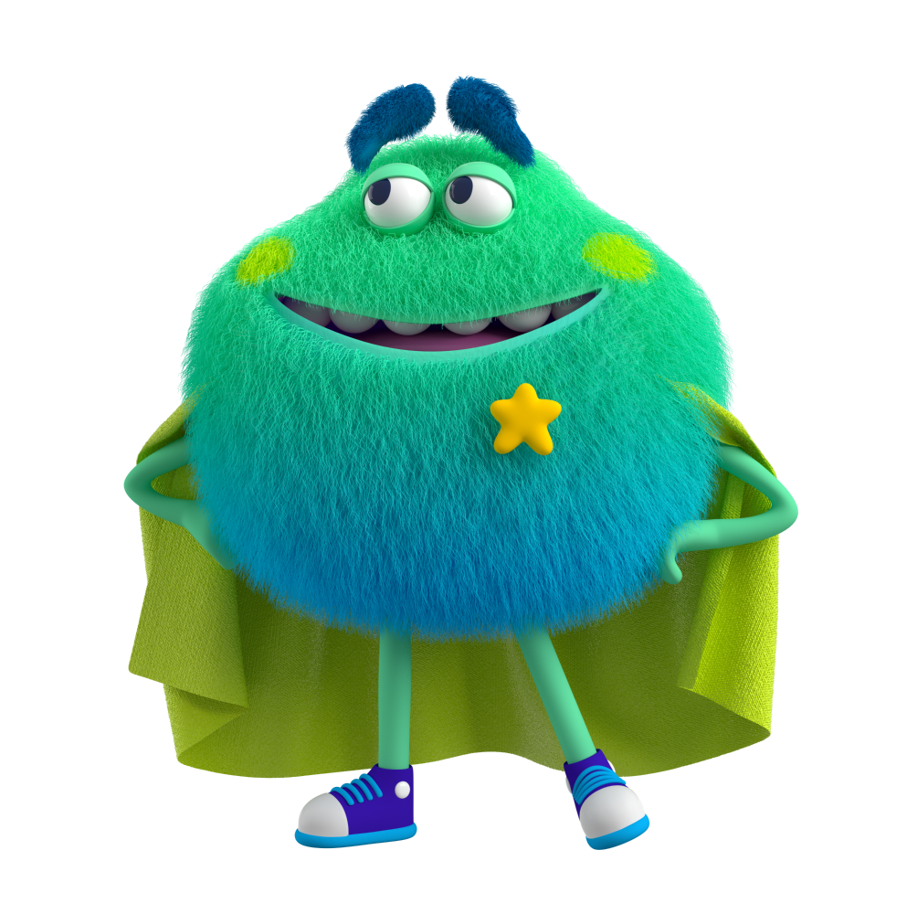 Blue and Green Feelings Monster wearing a yellow cape with hands on their waist feels confident and sure of their abilities