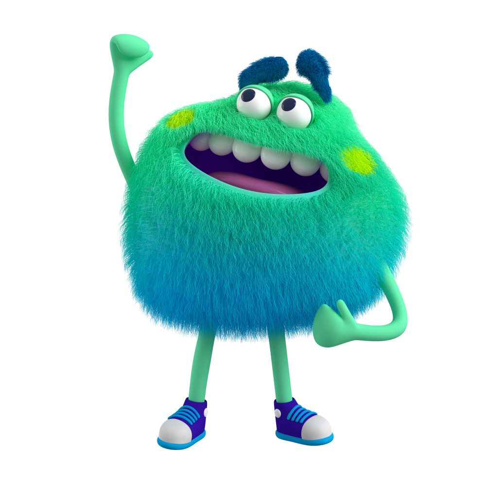 Blue and Green Feelings Monster with right fist in the air feels determined and unwavering about their goals
