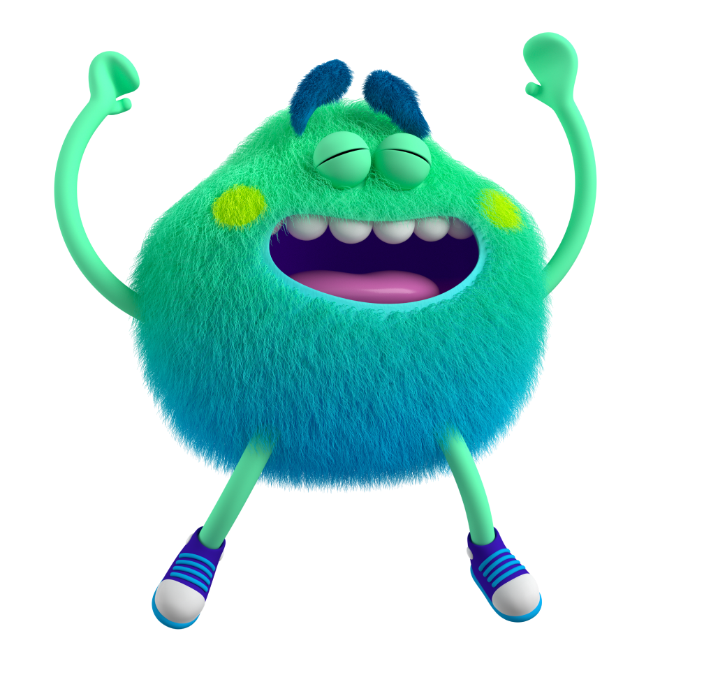 Blue and Green Feelings Monster with their hands in the air and both eyes closed feels energized and ready to take action