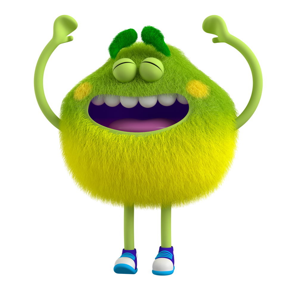 Green and Yellow Feelings Monster with both hands in the air and hands clenched feels motivated and enthusiastic about doing something