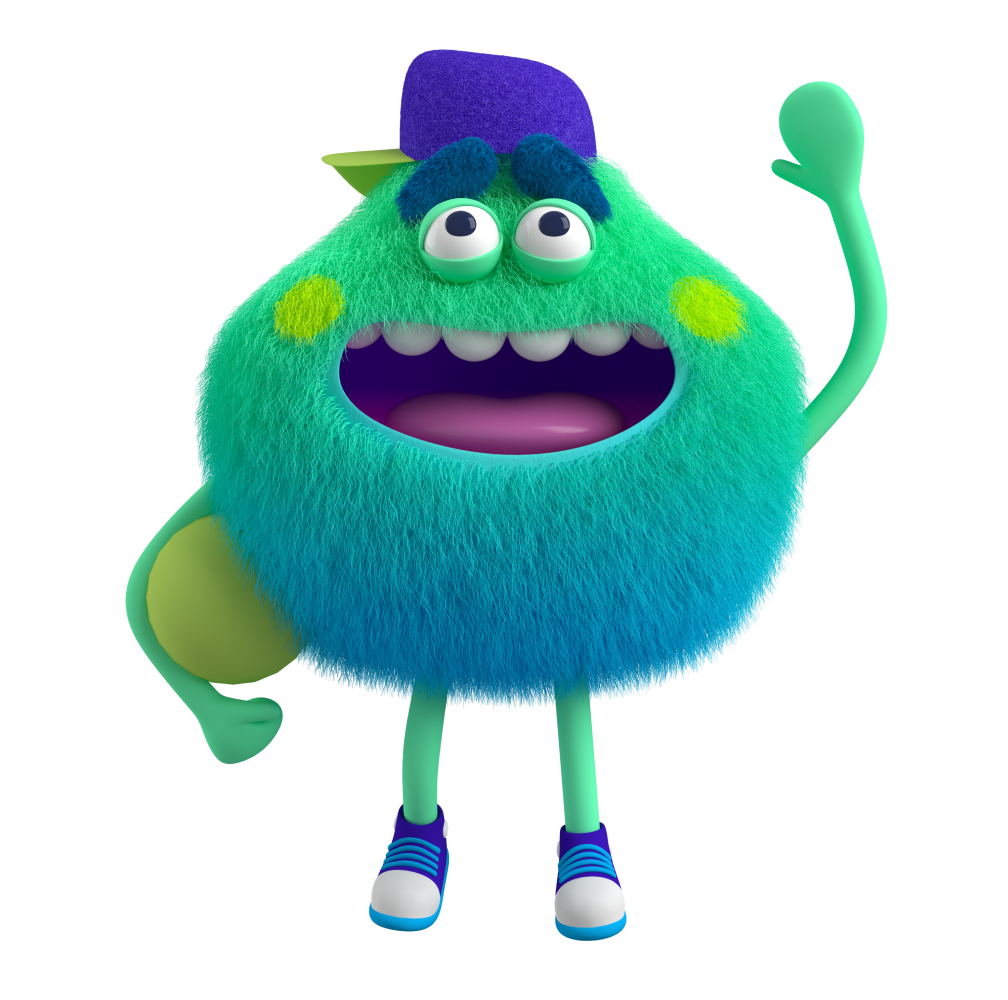 Blue and Green Feelings Monster wearing purple hat and holding yellow ball feels included and glad to be part of the group