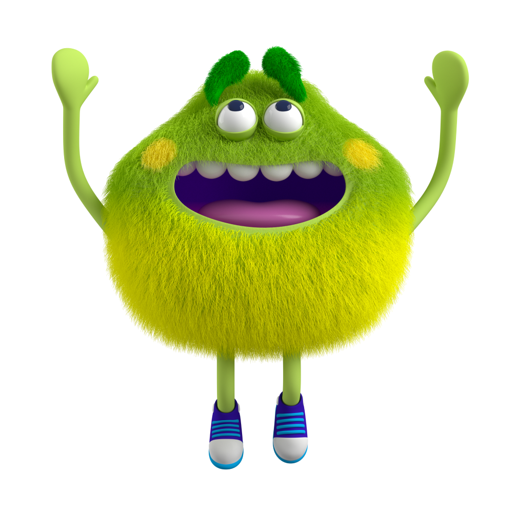 Green and Yellow Feelings Monster with arms in the air feels inspired and filled with courage