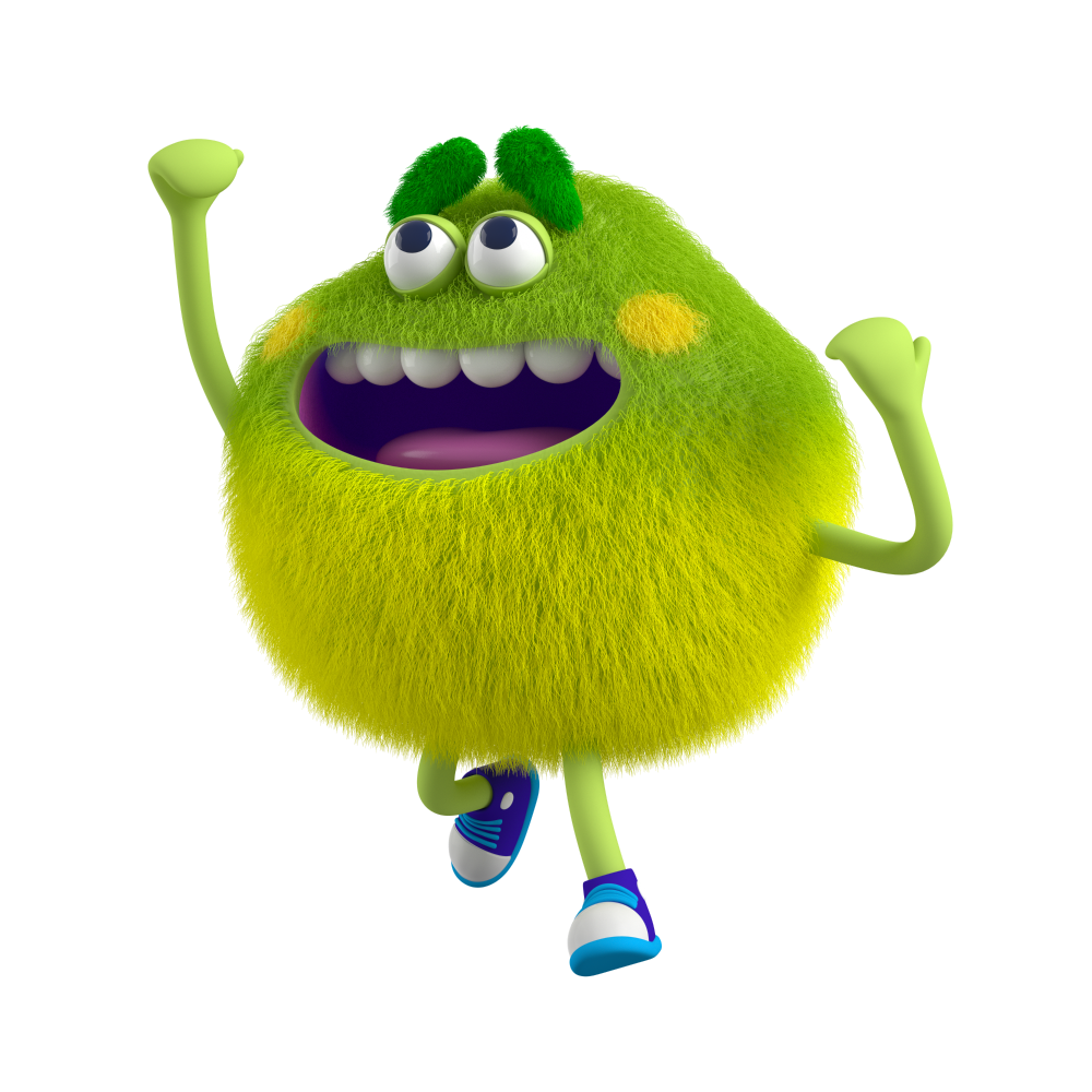 Green and Yellow Feelings Monster with both hands in the air feels motivated and enthusiastic about doing something