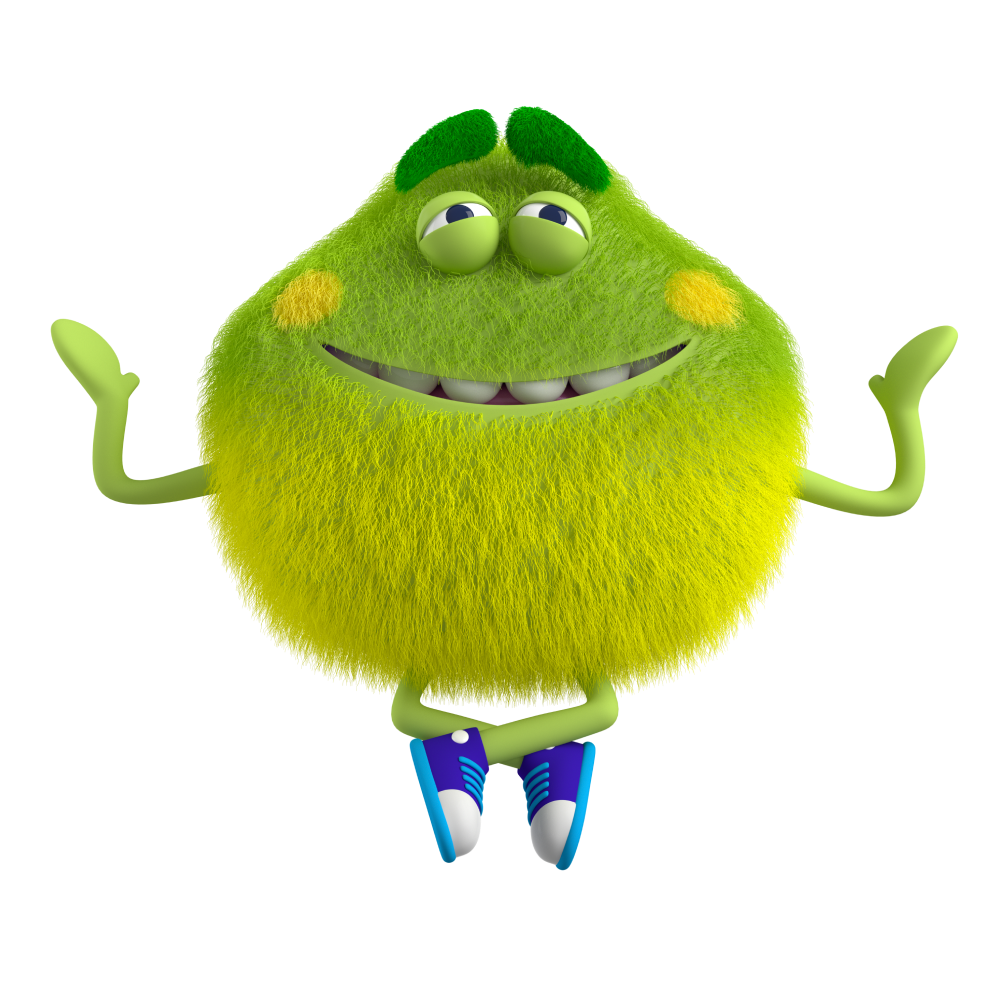 Green and Yellow Feelings Monster with eyes halfway closed feels peaceful and free of worry