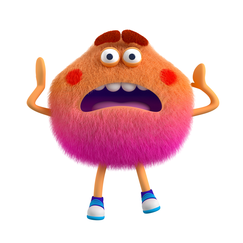 Purple and Orange Feelings Monster with arms raised towards their head feels shocked and struck by a sudden disturbance