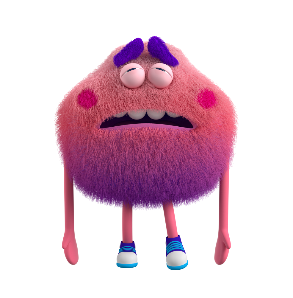 Purple and Pink Feelings Monster with eyes barely open feels worthless and feel unappreciated