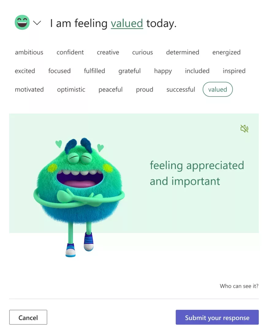 User interface from Microsoft Reflect showing 19 emotions and "valued" Feelings Monster selected
