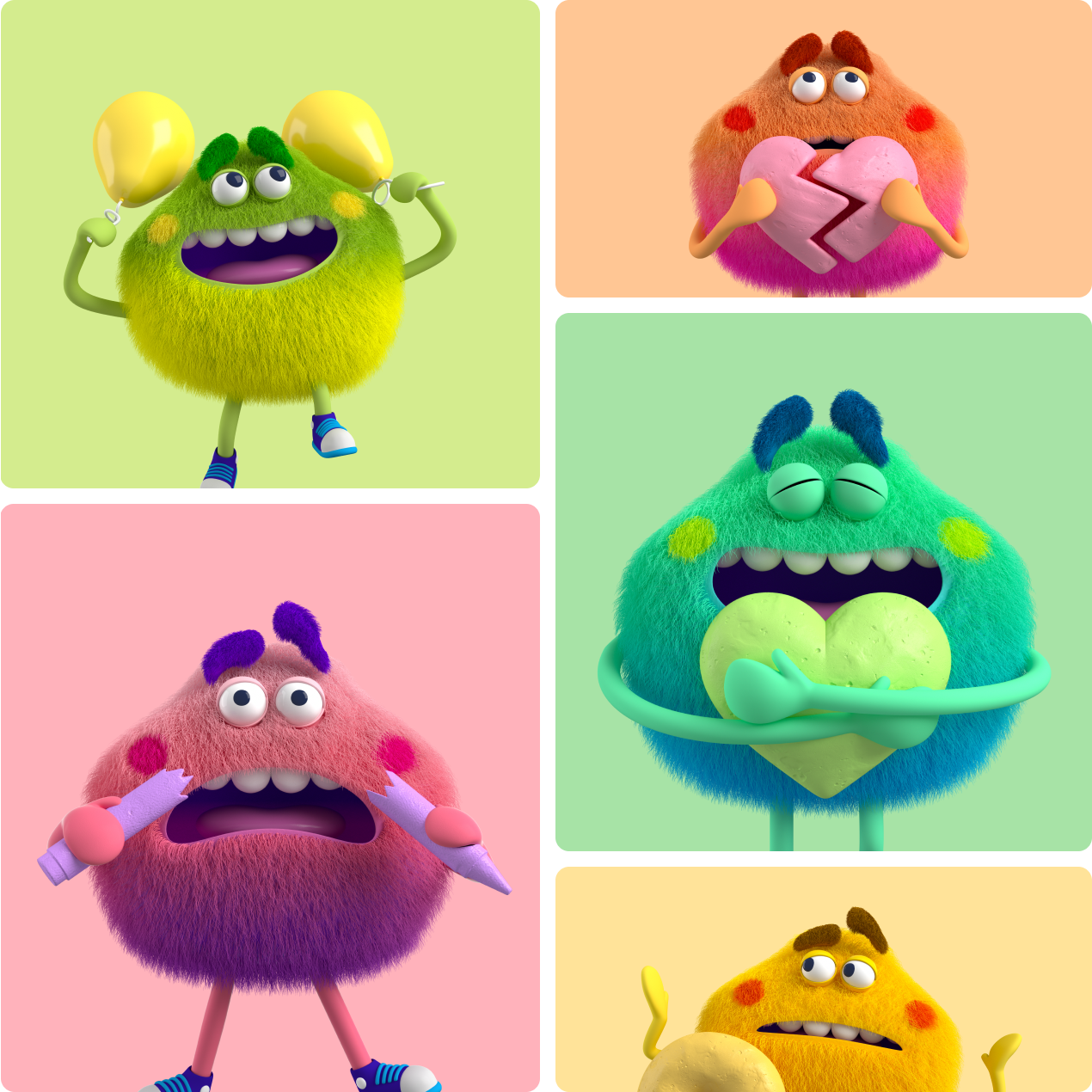 Collage of five Feelings Monsters. Green and Yellow Feelings Monster smiling and holding two balloons. Orange Feelings Monster looking sad holding a broken heart. Green Feelings Monster happy and hugging a green heart. Pink Feelings Monster looking shocked holding a broken crayon. Yellow Feelings Monster shrugging.