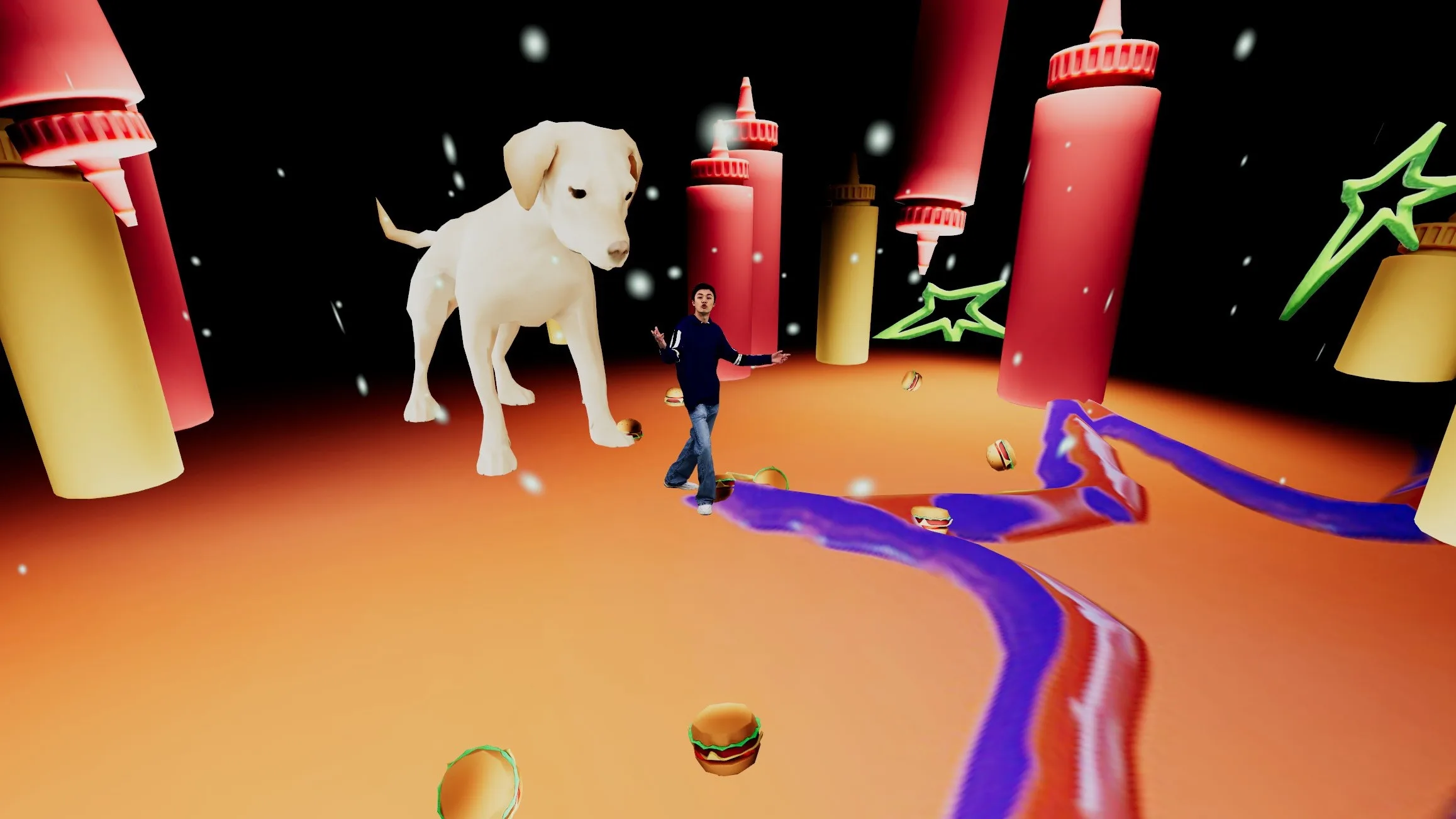 Boy with arms raised, walking on an orange ground with bottles of ketchup and mustard floating around him, stars in the sky, cheeseburgers on the ground, and a black sky.