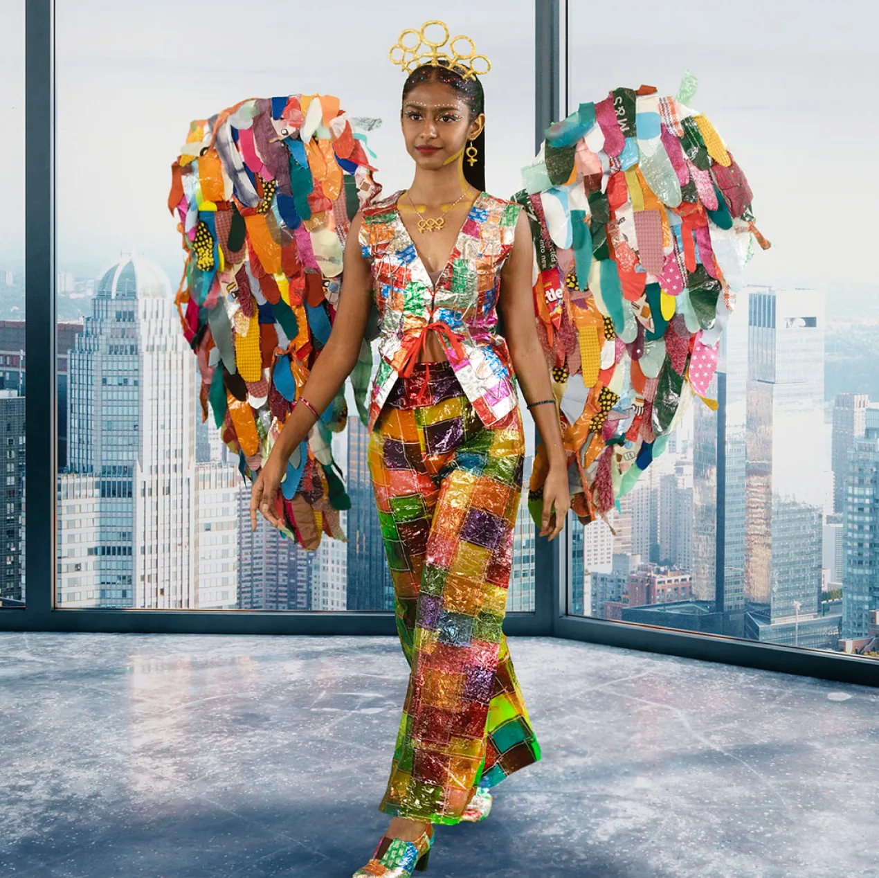 Junk Kouture participant Dominica Kodeeswaran models their garment “Soaring High” for United Nations Sustainable Development Goal Gender Equality