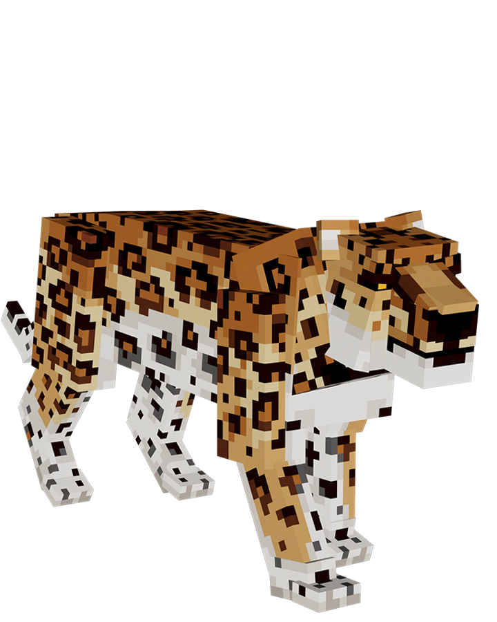 A Minecraft-block cheetah with yellow fur, brown spots, and green eyes.
