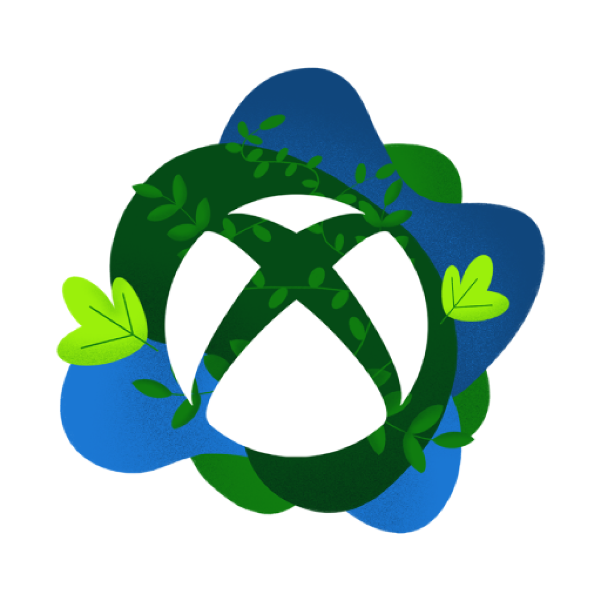 Illustration of the Xbox logo with sustainability-focused treatments, including leaves and clouds.
