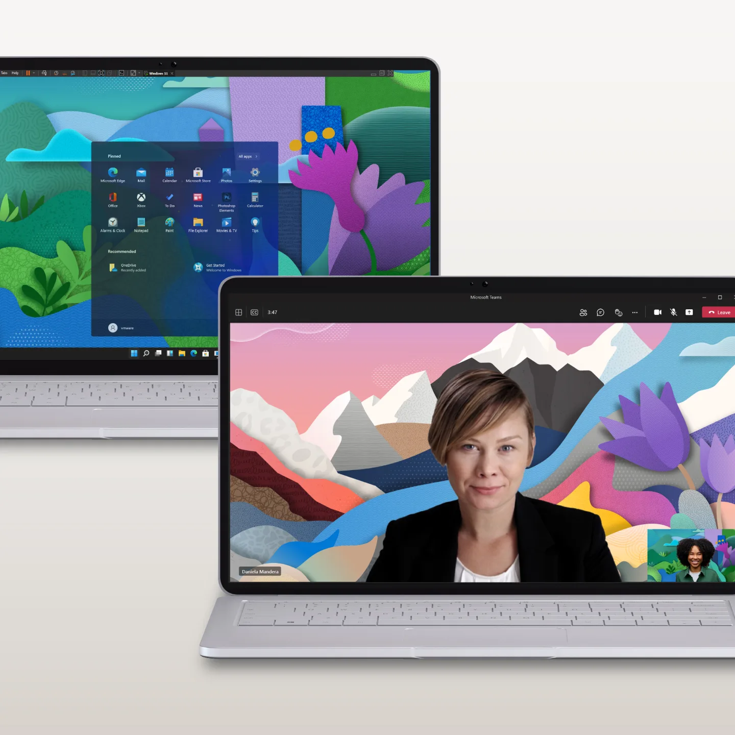 Two laptops featuring different wallpapers for download. One features Windows UI, the other a Teams call.