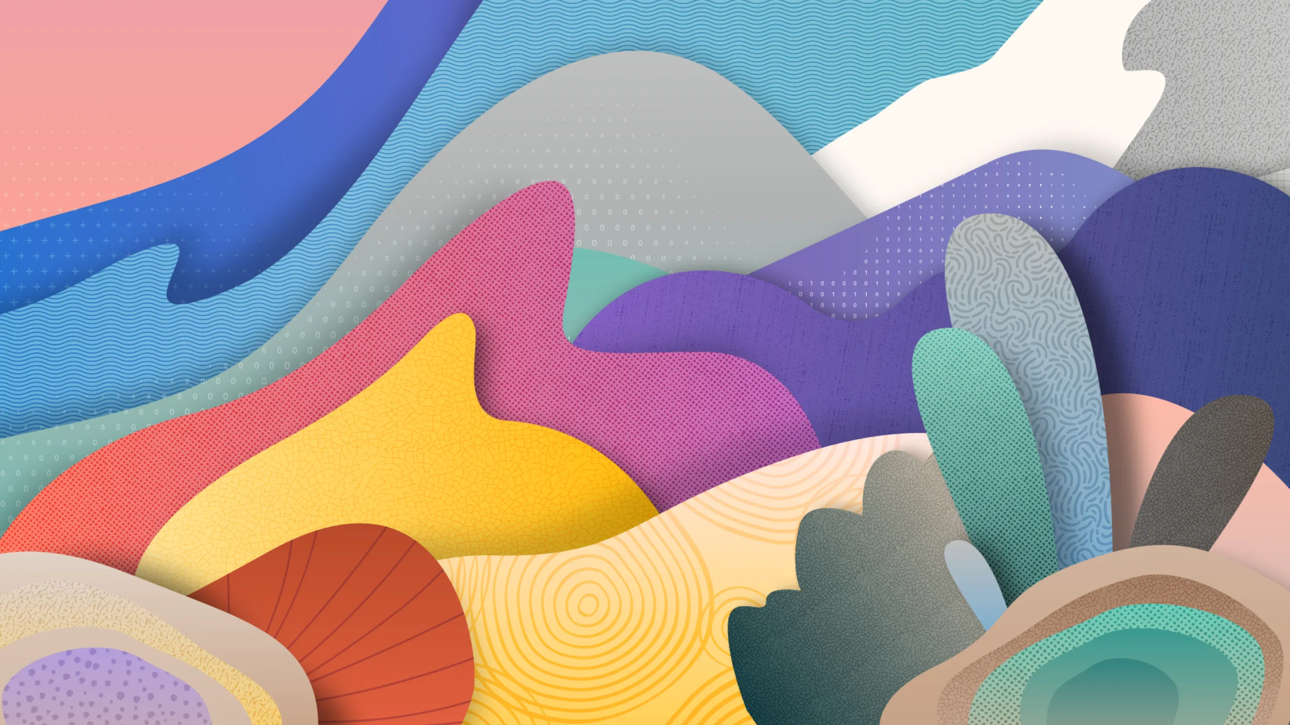 Abstract illustration of abstract shapes, featuring pink, blue, and purple colors in overlap.