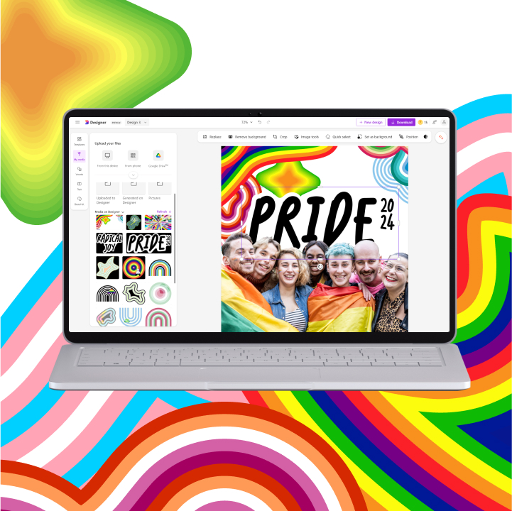 A laptop displays a graphic design app with a "Pride 2024" poster on screen. The background features colorful abstract patterns.