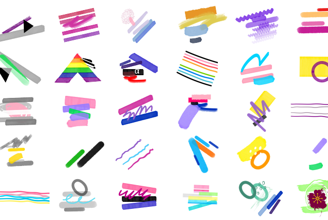 A variety of colorful shapes and lines are shown on a white background.