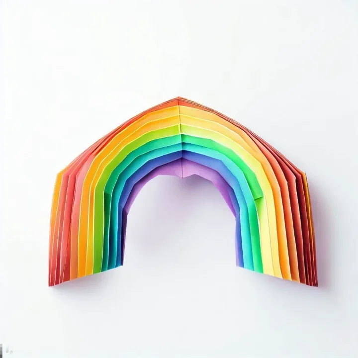 An origami rainbow on a white background.