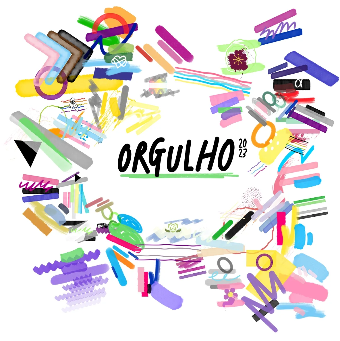 Orgulho's logo is surrounded by a variety of colorful objects.