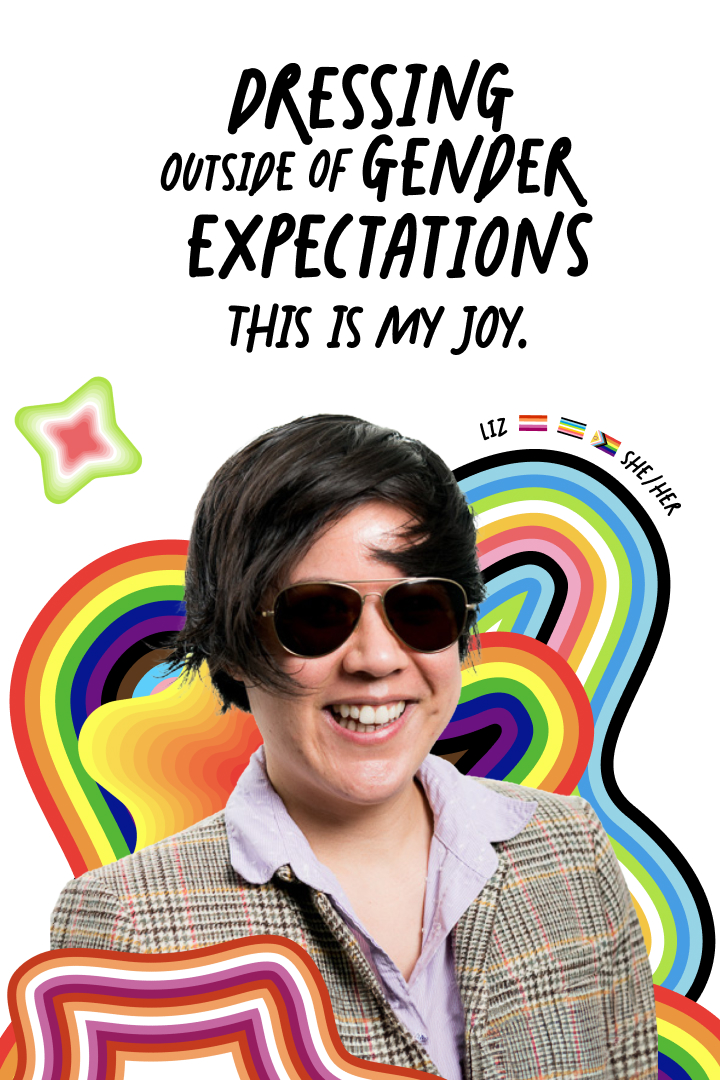 A person wearing a checkered jacket and sunglasses smiles. Text above reads, "Dressing outside of gender expectations. This is my joy." The name "Liz" and pronouns "she/her" are included. Colorful patterns surround them.