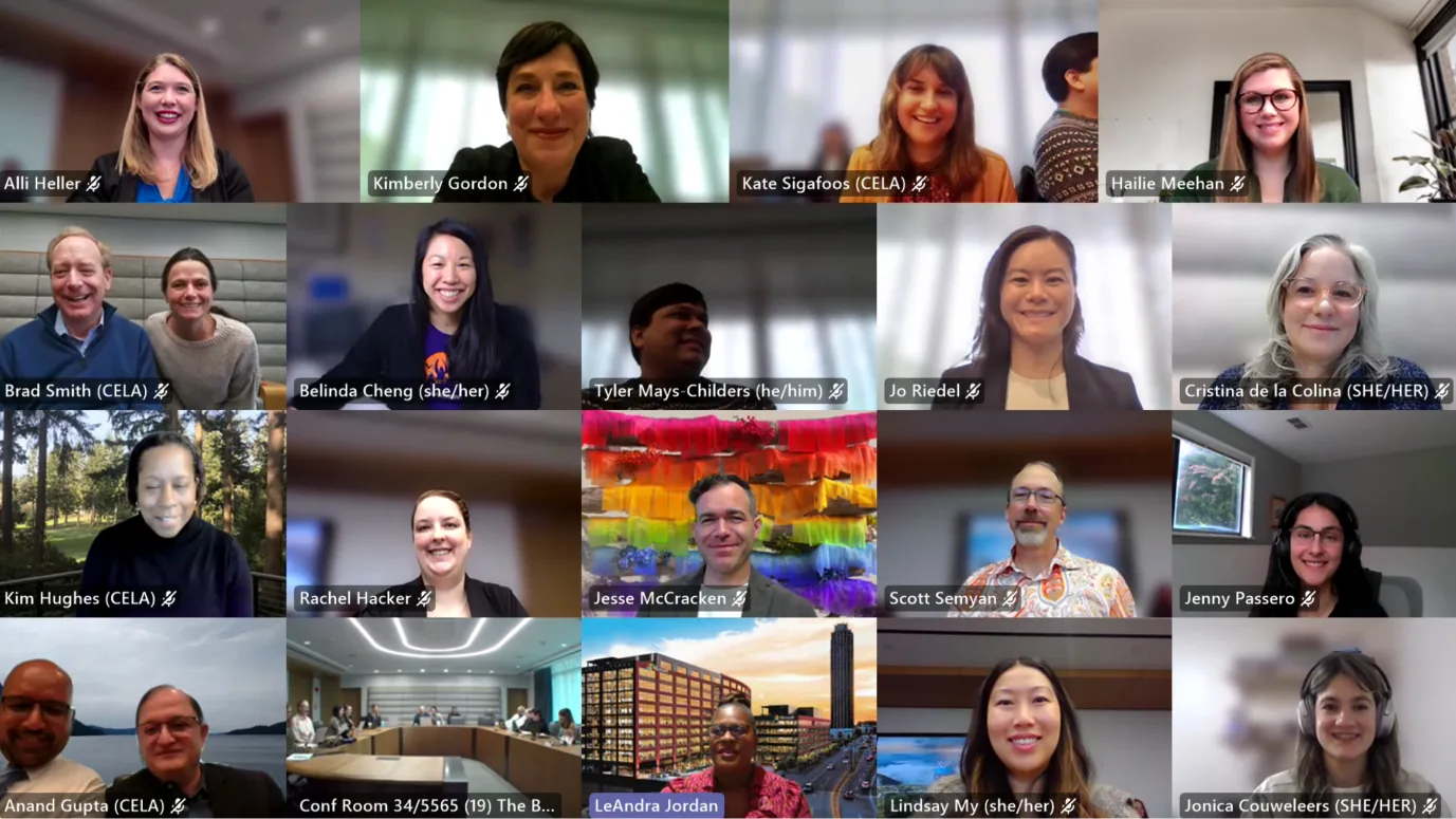 A screenshot of a Microsoft TEAMs group call with Garage Hackathon and American Equity and Justice Group participants.