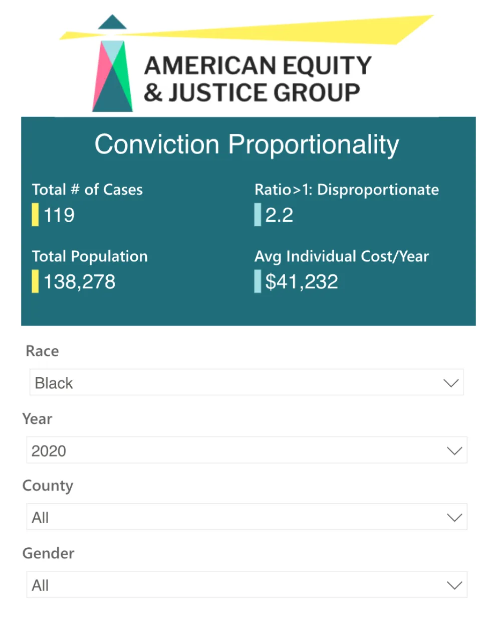 A detail from the American Equity and Justice Group dashboard depicting their logo and a filter dropdown menu.