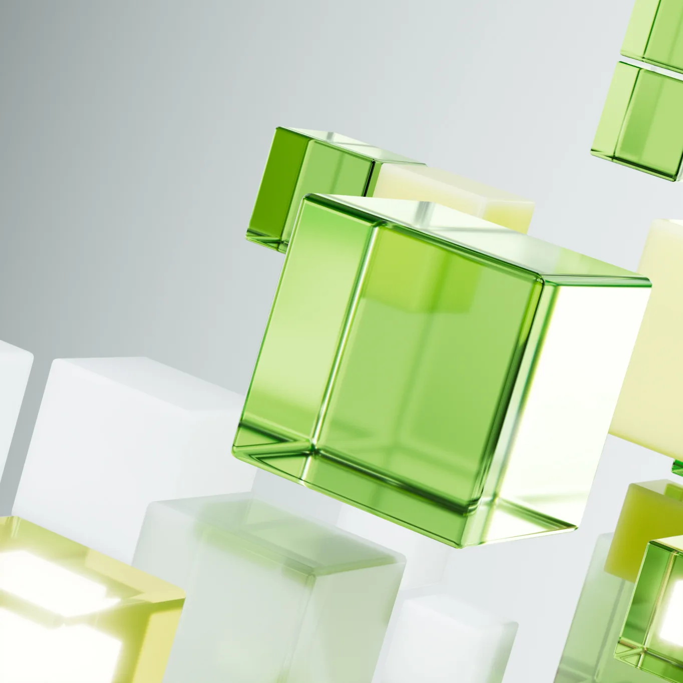 A close-up image of a digitally designed series of cubes that range from colorless to glowing vibrant shades of green. This visual represents how an idea ignites the potential of AI to contribute to human flourishing, magnifying endless possibilities in this rapid revolution.