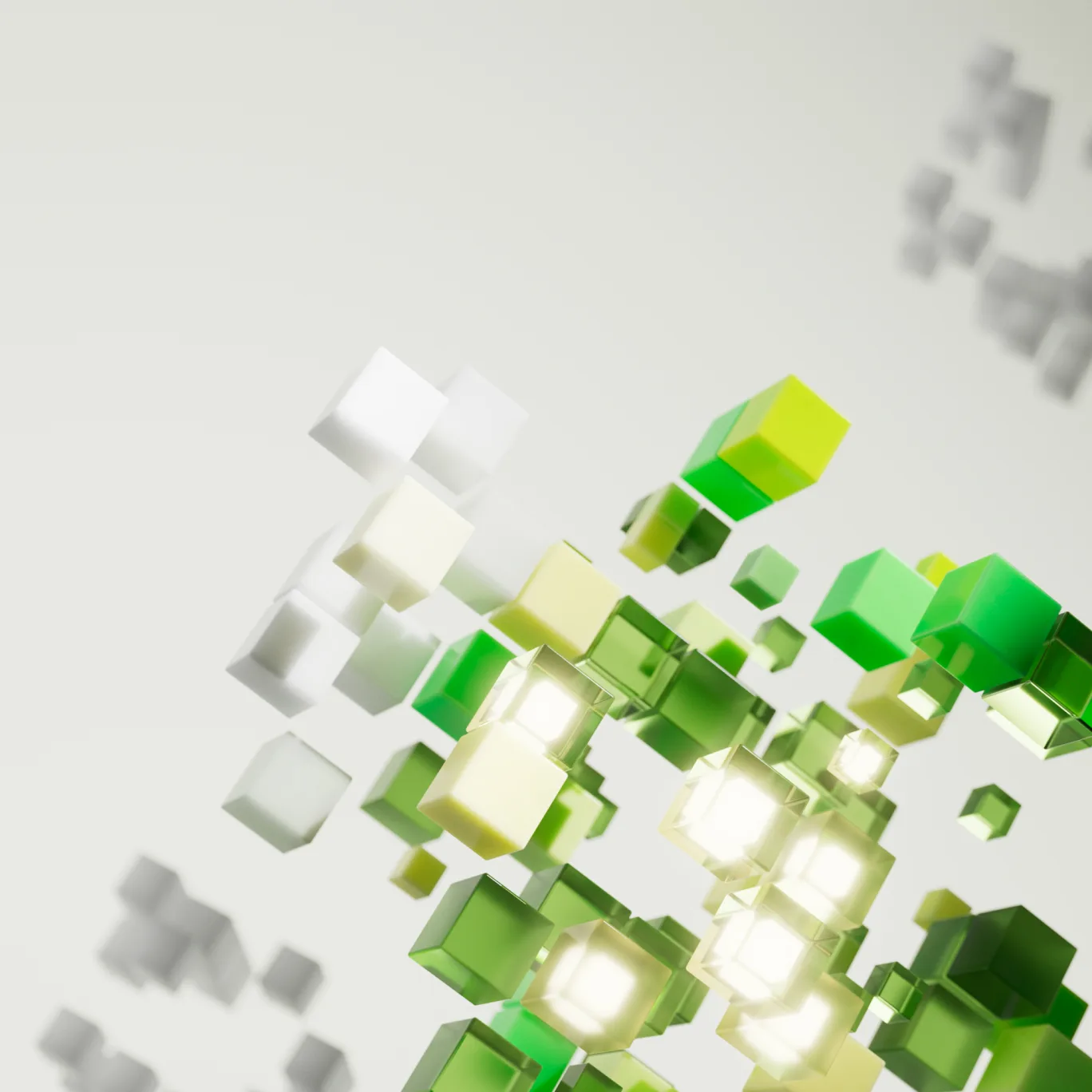 A close-up image of a digitally designed series of cubes that range from colorless to glowing vibrant shades of green. This visual represents how an idea ignites the potential of AI to contribute to human flourishing, magnifying endless possibilities in this rapid revolution.