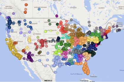 Heatmap of the United States visually showing how many people are using the Mentra platform.