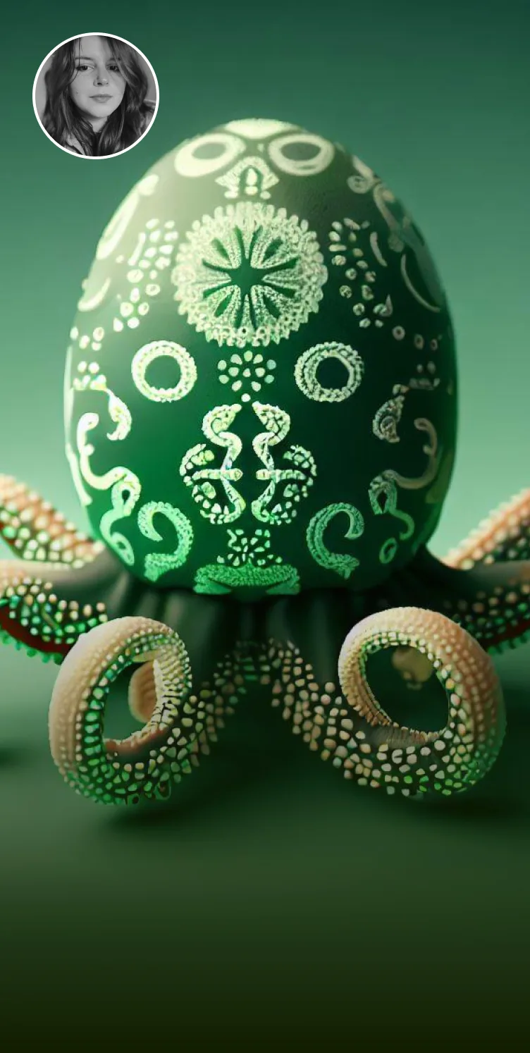 A green octopus with a woman's face on it.